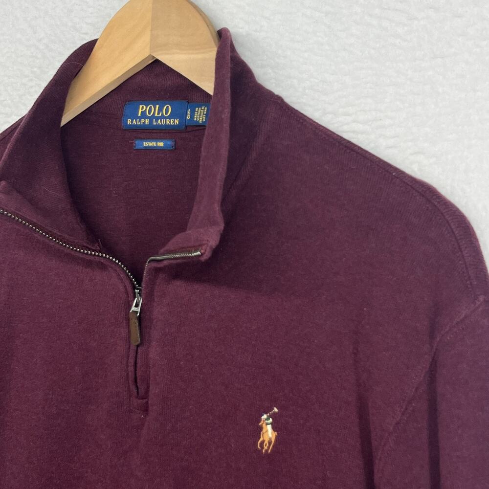 POLO RALPH LAUREN Sweater Mens L Estate Rib 1/4 Zip Cotton Pullover Burgundy Red